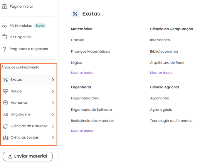 Página onde está localizada a funcionalidade de Áreas de conhecimento