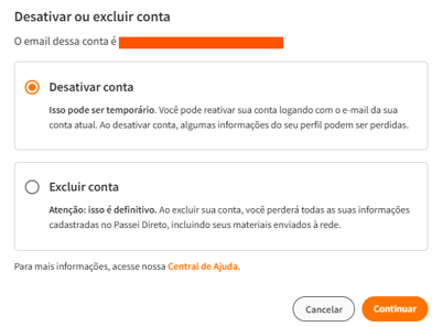 tela exemplificando o desativar conta