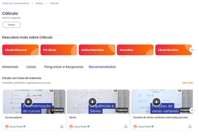 Página da disciplina de Cálculo utilizada no exemplo